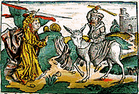 God's Angel, Balaam and his Talking Donkey, A Biblical illustration by Hartmann Schedel (1440-1514), from The Nuremberg Chronicle. Dios, el ngel del dios, Balaam y su burro que habla.