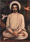 A graphic image of Jesus Christ in a jungle with friendly animals an antique painting by an unknown artist that appears to have a Buddhast influence. Click clipart to for a larger image of Jesus Christ in this  vintage painting.