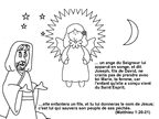 Page de Noël à colorer, une image de Joseph et un ange. Citations de la bible : Matthieu 1:20-21.