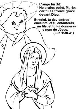 Coloriage de Vierge Marie et un ange. Mots de la bible de Luc 1:30-31.