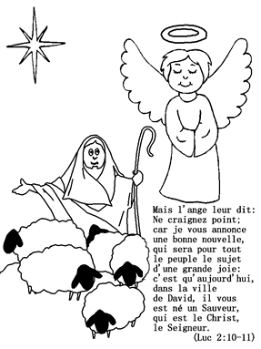 Dessin de bergers et le ange et l’etoile de Bethléem; coloriage pour les enfants. Mots de la bible de Luc 2:10-11.