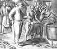 Une image d'Eli et de ses deux fils, Hophni, Phinées; le comportement scandaleux des fils d'Eli, une histoire tirée de la Bible, du livre 1 Samuel sur la façon dont les richesses et l'argent peuvent corrompre. Ce clipart est une illustration des Figures de la Bible (1728)