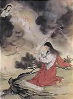 古色古香的中国基督徒圣经图片或图画: 摩西, 上帝和十个指令的片剂。