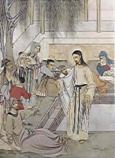 古色古香的中國基督徒聖經圖片或圖畫: 這是一張繪畫從聖經; 它顯示耶穌基督執行奇蹟由癒合是瘸的一個人。