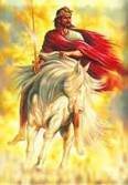click to enlarge Jesus Christ weilding a sword when he returns to earth wearing a crown and riding a white horse during the final days