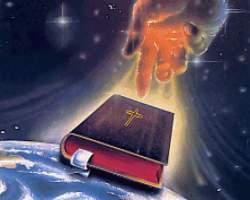 click for a larger file of this picture of a Christian Bible and a powerful prophets hand representing a Christian prophet telling about a prophecy of the coming of the antichrist during the end days of the earth before the second coming of Jesus Christ.